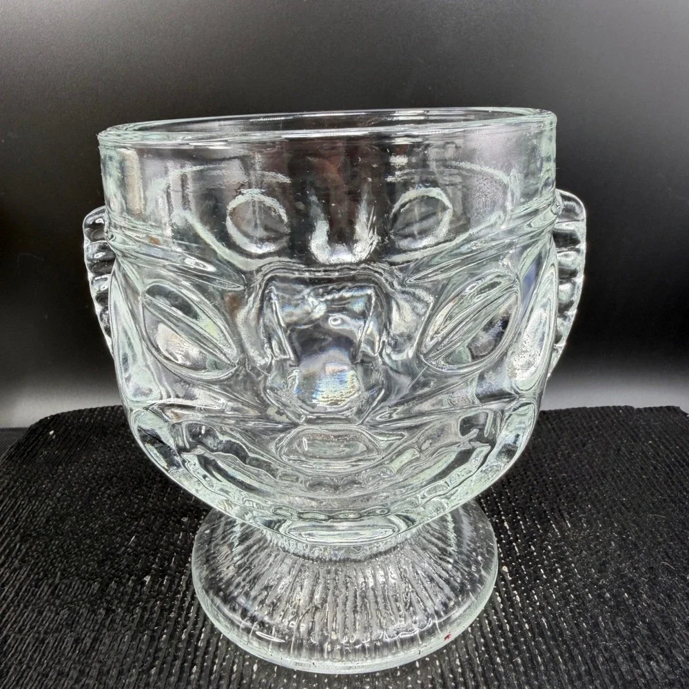 Indiana Glass Two faced Tiki‎ Drinking Glass Clear Embossed Face Single Mug Cup
